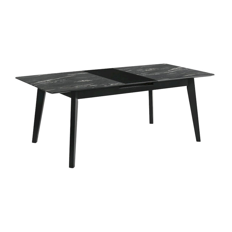 Black Faux Marble Extendable Dining Table with Self-Storing Leaf & Splayed Legs