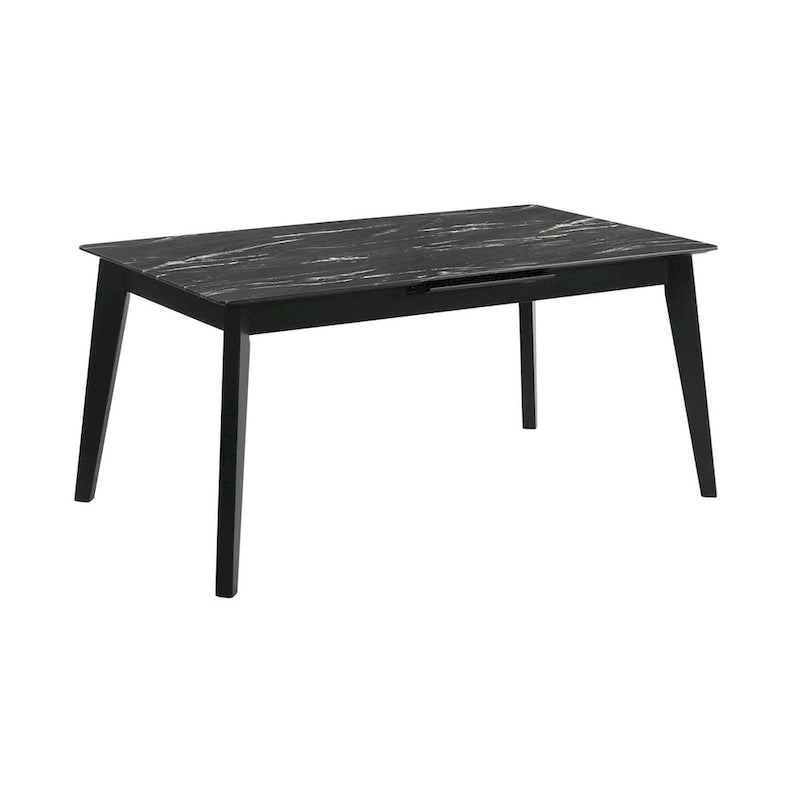 Black Faux Marble Extendable Dining Table with Self-Storing Leaf & Splayed Legs