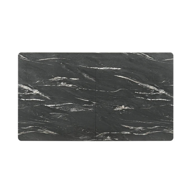 Black Faux Marble Extendable Dining Table with Self-Storing Leaf & Splayed Legs