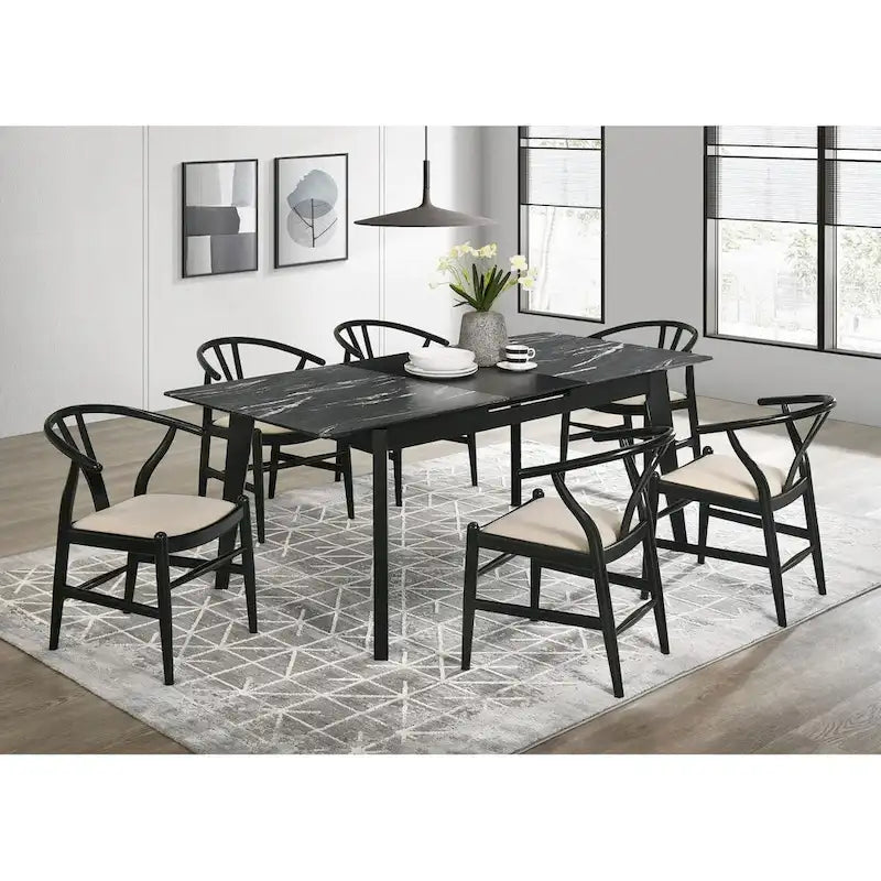 Black Faux Marble Extendable Dining Table with Self-Storing Leaf & Splayed Legs