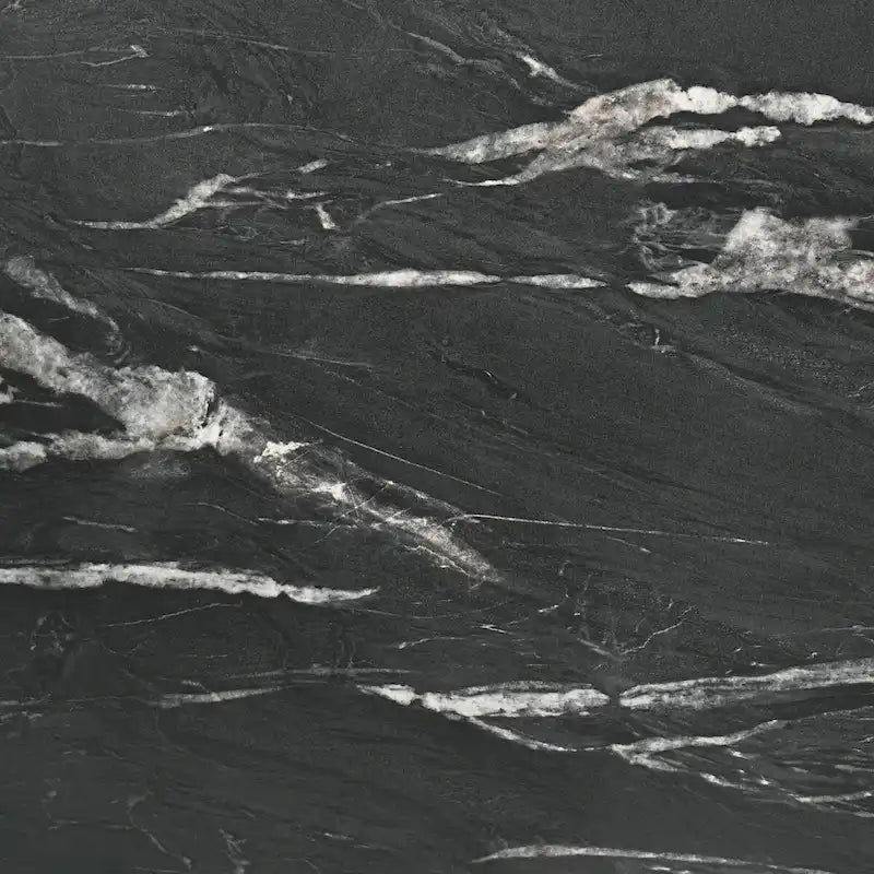 Black Faux Marble Extendable Dining Table with Self-Storing Leaf & Splayed Legs
