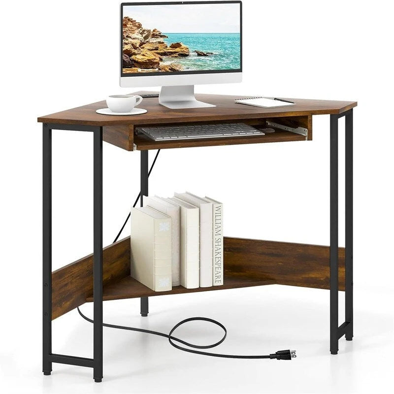 Triangle Corner Desk with Power Outlets, USB Ports & Keyboard Tray