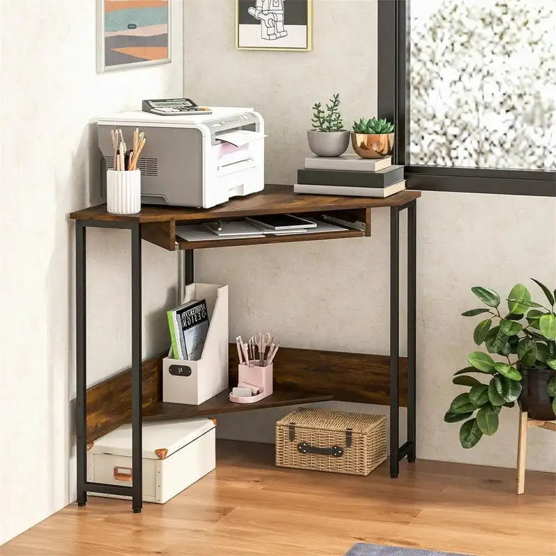 Triangle Corner Desk with Power Outlets, USB Ports & Keyboard Tray