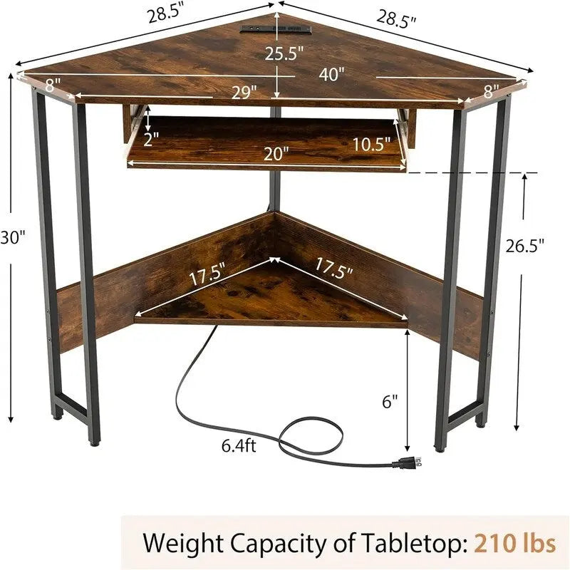 Triangle Corner Desk with Power Outlets, USB Ports & Keyboard Tray
