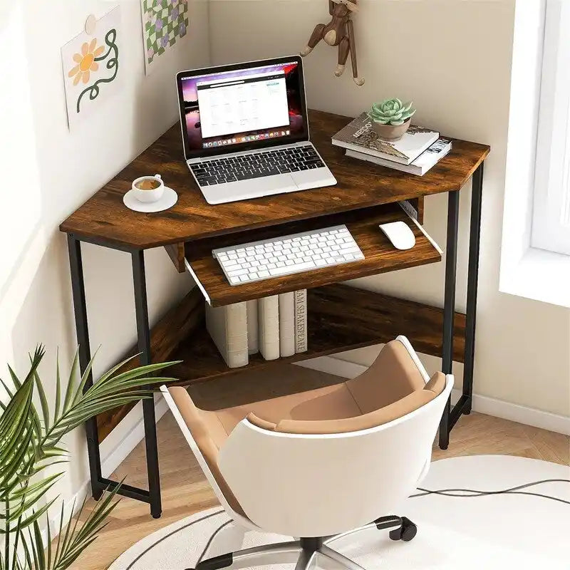 Triangle Corner Desk with Power Outlets, USB Ports & Keyboard Tray