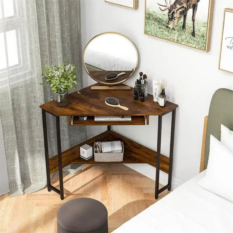 Triangle Corner Desk with Power Outlets, USB Ports & Keyboard Tray